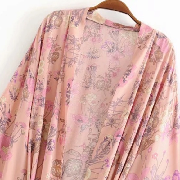 Pink Festival Bohemian Flower Floral Boho Printed Short Kimono Robe Tunic Wrap - Picture 2 of 14